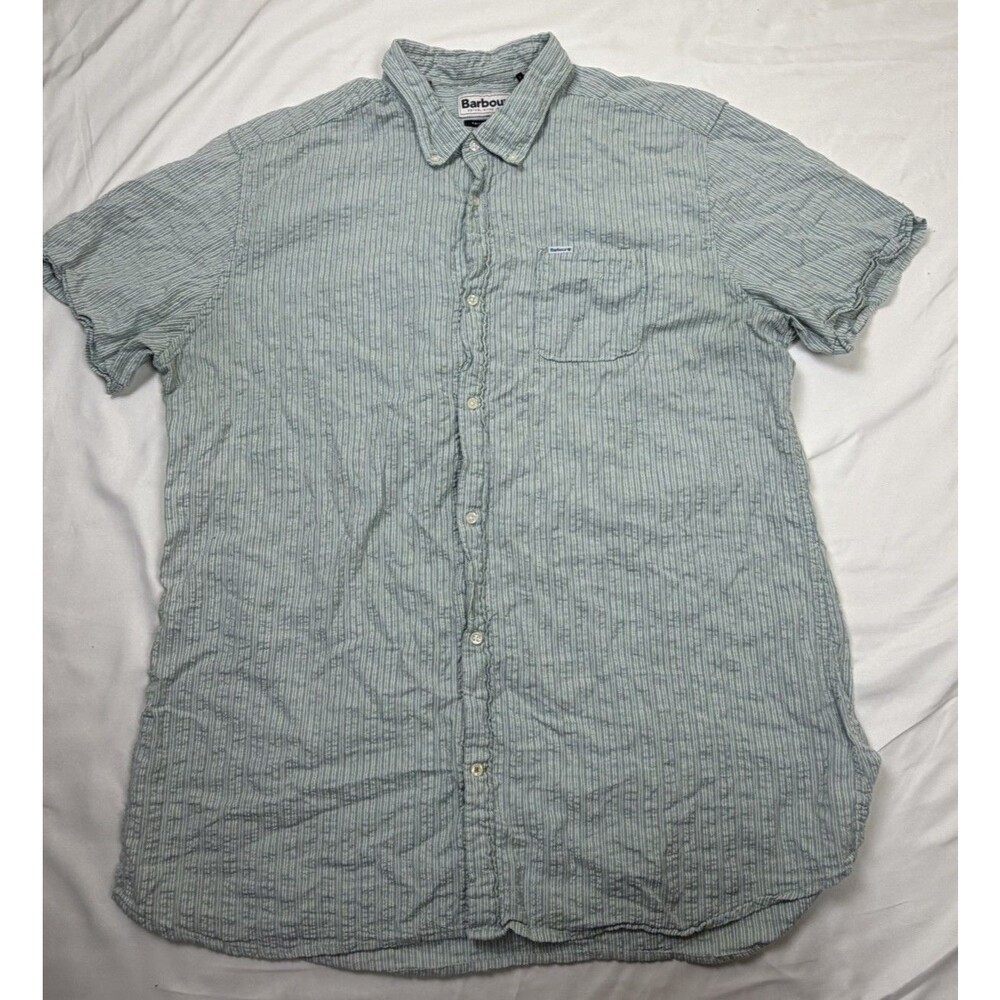 Barbour Tailored Fit Short Sleeve Button Down Shirt XXL Blue Stripe Cotto